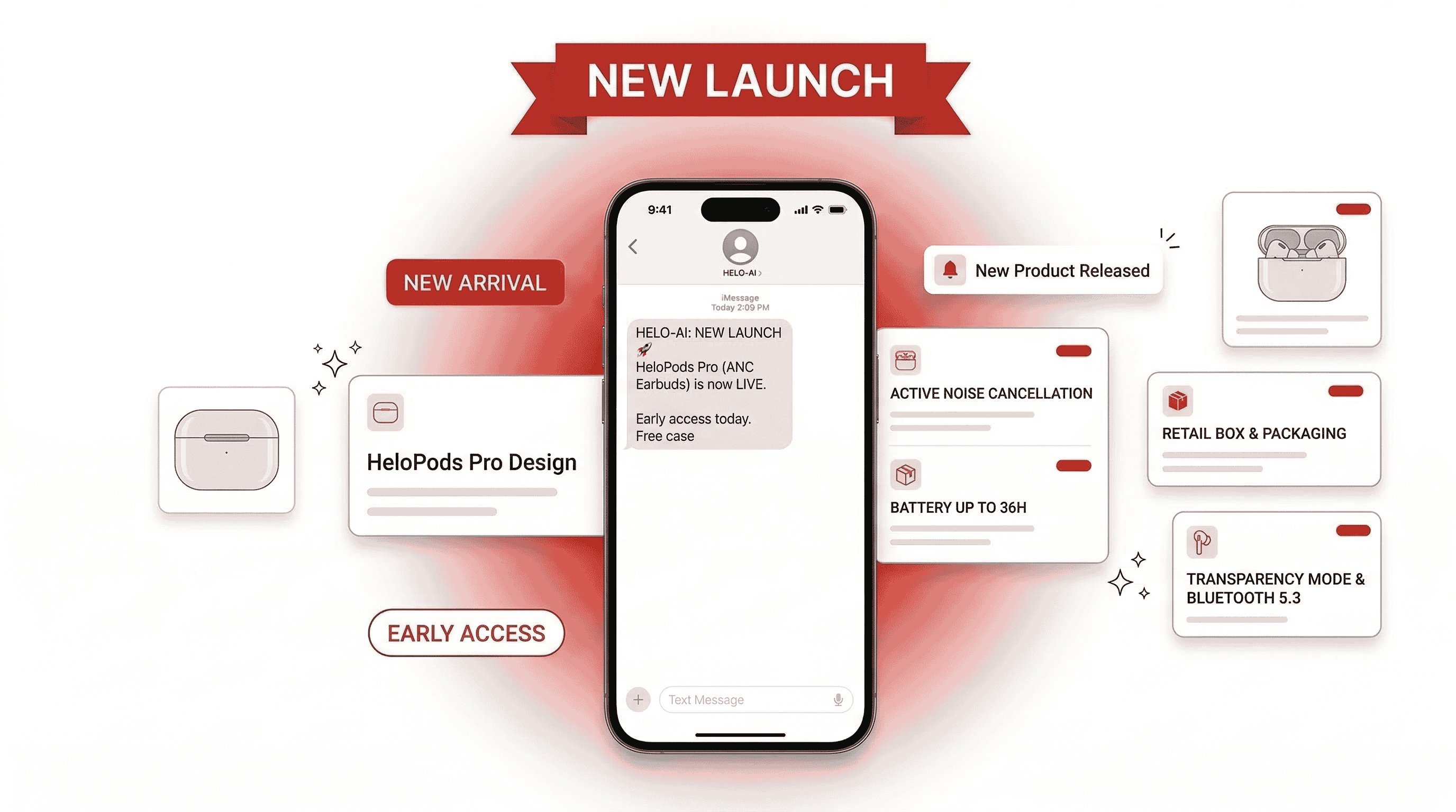 Product launch SMS mockup for HeloPods Pro with early access badge